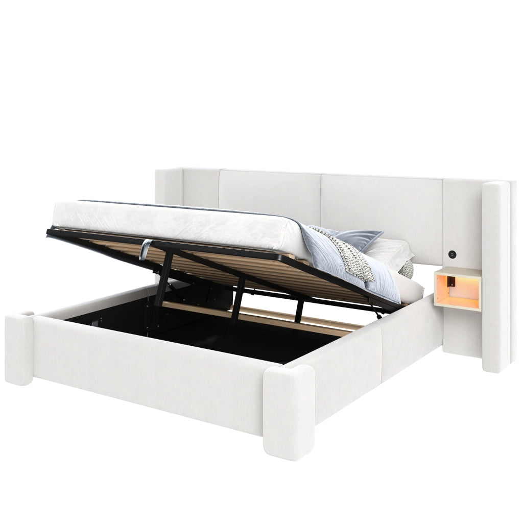 Letto matrimoniale contenitore 180x200 cm in lino beige con LED e comodini HAVRYA