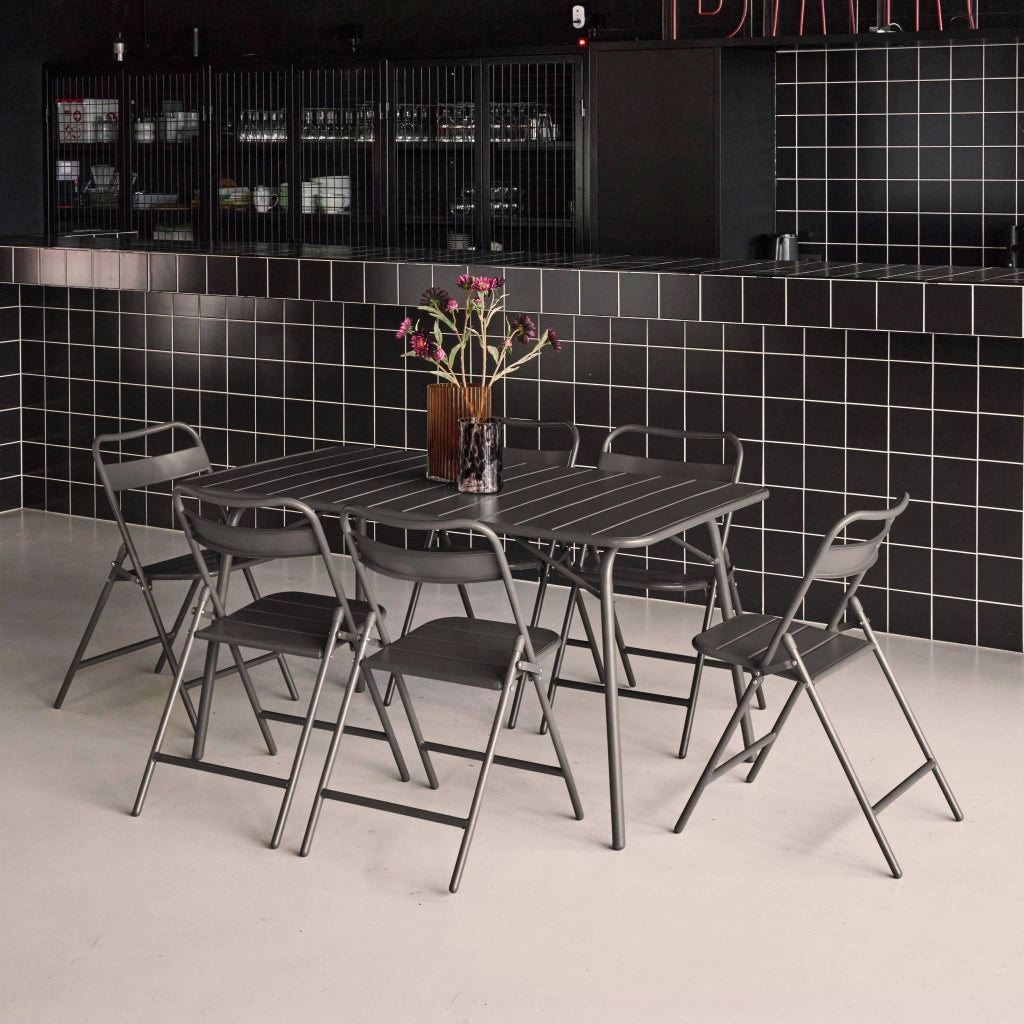 Set tavolo da giardino in acciaio con 6 sedie pieghevoli, 140cm,