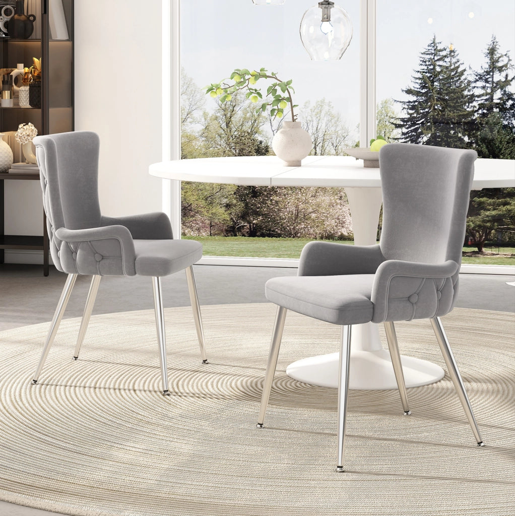 Set di 4 sedie da pranzo in velluto grigio con gambe in metallo argento