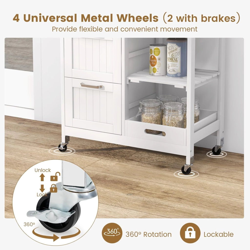 Carrello di Servizio con 4 Ripiani, Scaffale da Cucina con Rotelle, Mobiletto Cucina Salvaspazio con 3 Grandi Cassetti, 67x37x83,5 cm, 2 Colori (bianco)