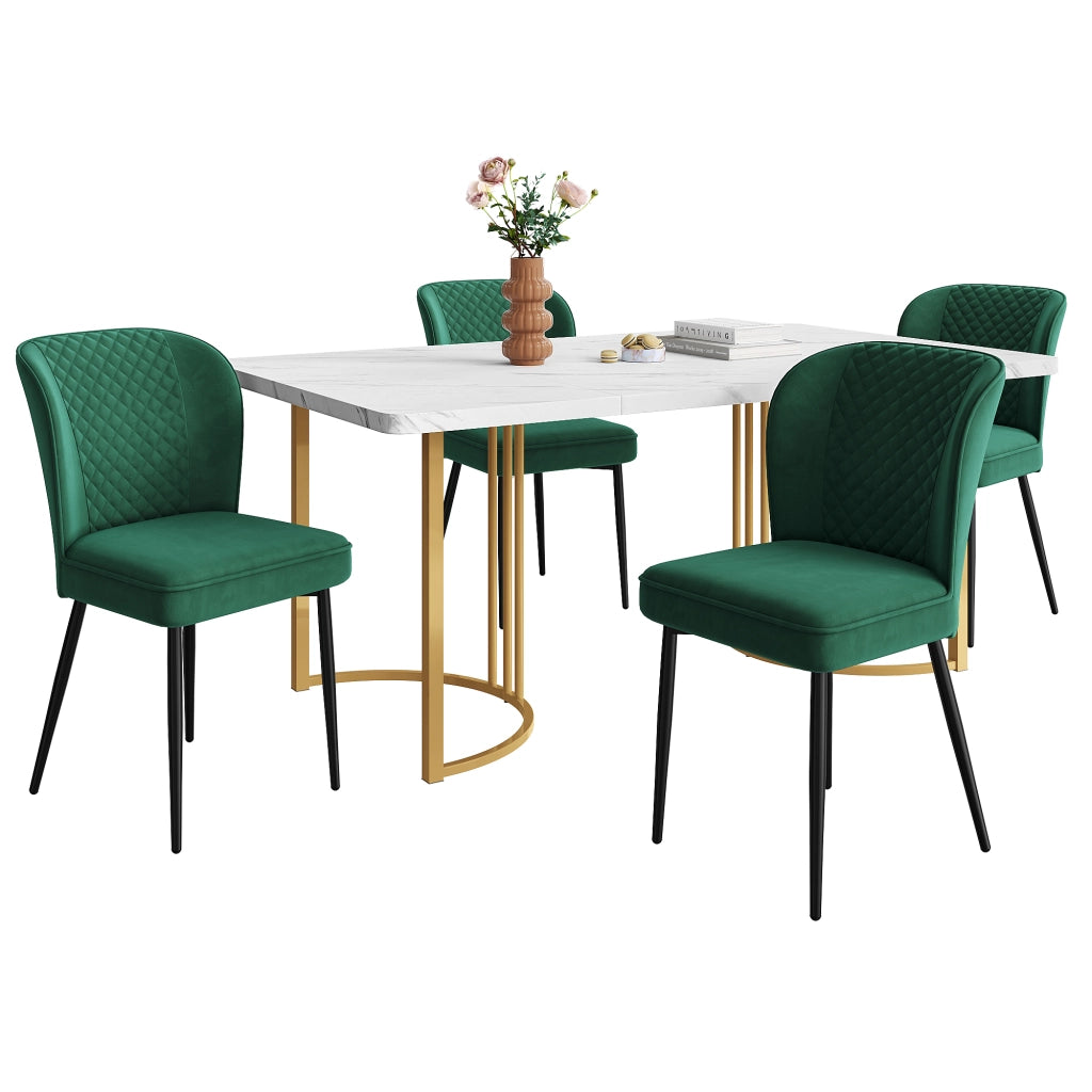 Tavolo da pranzo con 4 sedie imbottite, piano in MDF, sedute in velluto, per sala da pranzo, verde, 140 × 80 × 75 cm