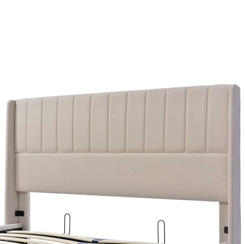 Letto matrimoniale con contenitore e alzata idraulica 140x200 cm in lino beige