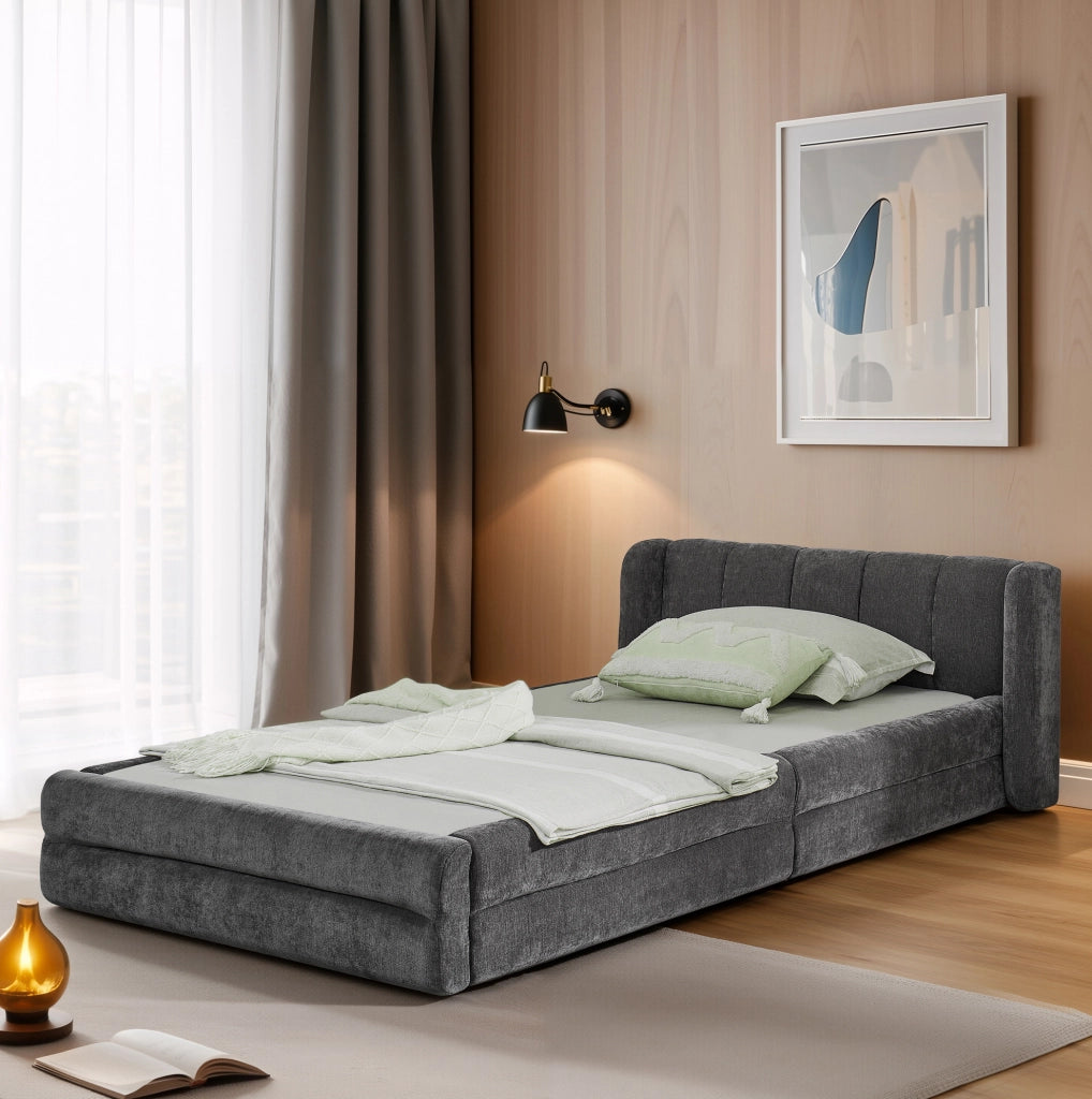 Letto singolo 90x200 cm in tessuto Chenille; testiera ergonomica; grigio scuro