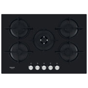Hotpoint piano cottura a gas da incasso, 5 fuochi, 73 cm, superficie in vetro nero, griglie in ghisa, HAGS 72S BK