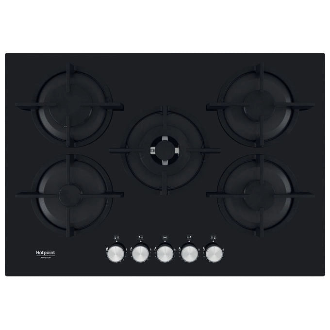 Hotpoint piano cottura a gas da incasso, 5 fuochi, 73 cm, superficie in vetro nero, griglie in ghisa, HAGS 72S BK