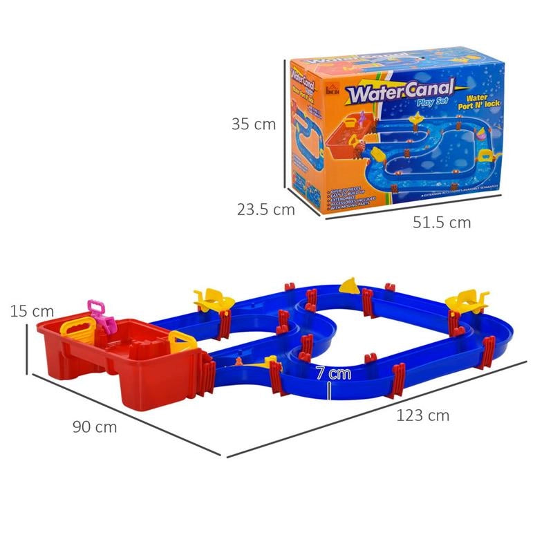PLAYSET ACQUATICO 53 PEZZI CON ACQUA E SABBIA, PERCORSO ACQUATICO PER BAMBINI 3-6 ANNI CON ACCESSORI E PARTI COMPONIBILI, IN PP, 123X90X7CM, BLU E ROSSO