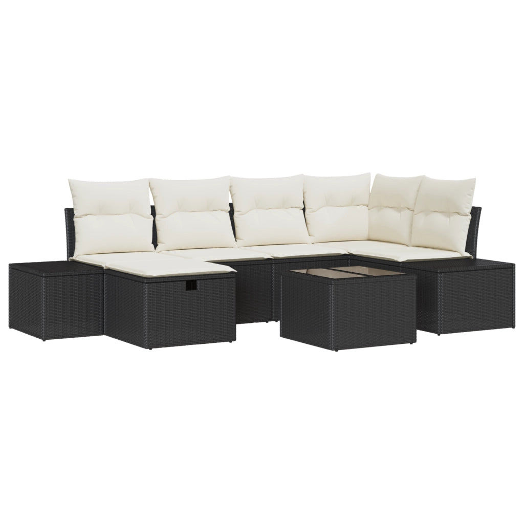 Set Divano da Giardino 7 Pezzi con Cuscini Nero Polyrattan
