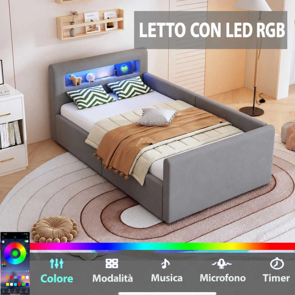 Divano letto contenitore 90x200 cm in velluto con LED; USB; USB-C e schienale reversibile; grigio chiaro
