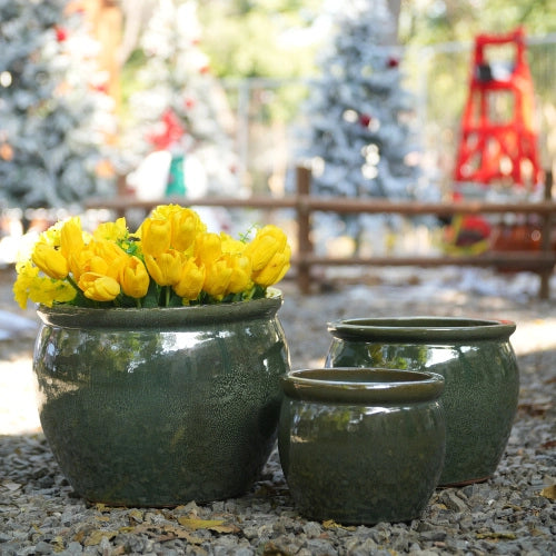 Fioriera a più livelli in ceramica fatta a mano con smalto lucido antich blu verde e fori di drenaggio Ø 23 cm