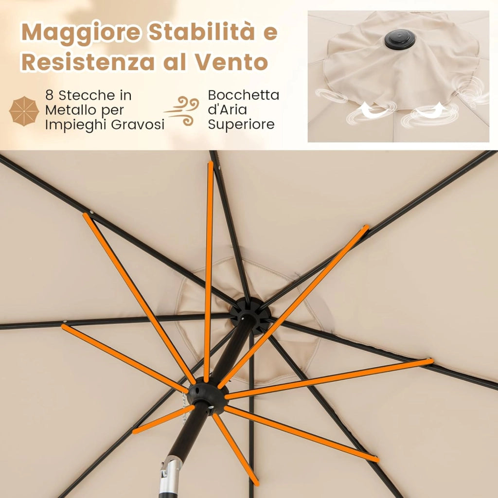 Ombrellone da Giardino 290 cm, con Inclinazione Regolabile, Ombrellone Esterno con 8 stecche Manovella, per Spiaggia Piscina Cortile (Beige, 290 cm 8 Stecche)