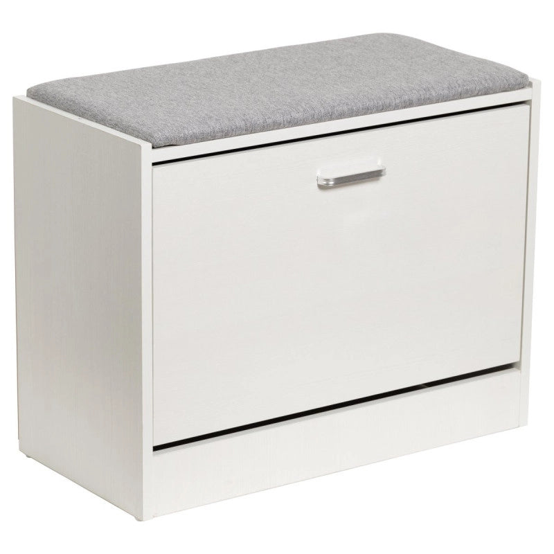 Panca Porta Scarpe Bianco Legno Con Cuscino Seduta In Tessuto Grigio