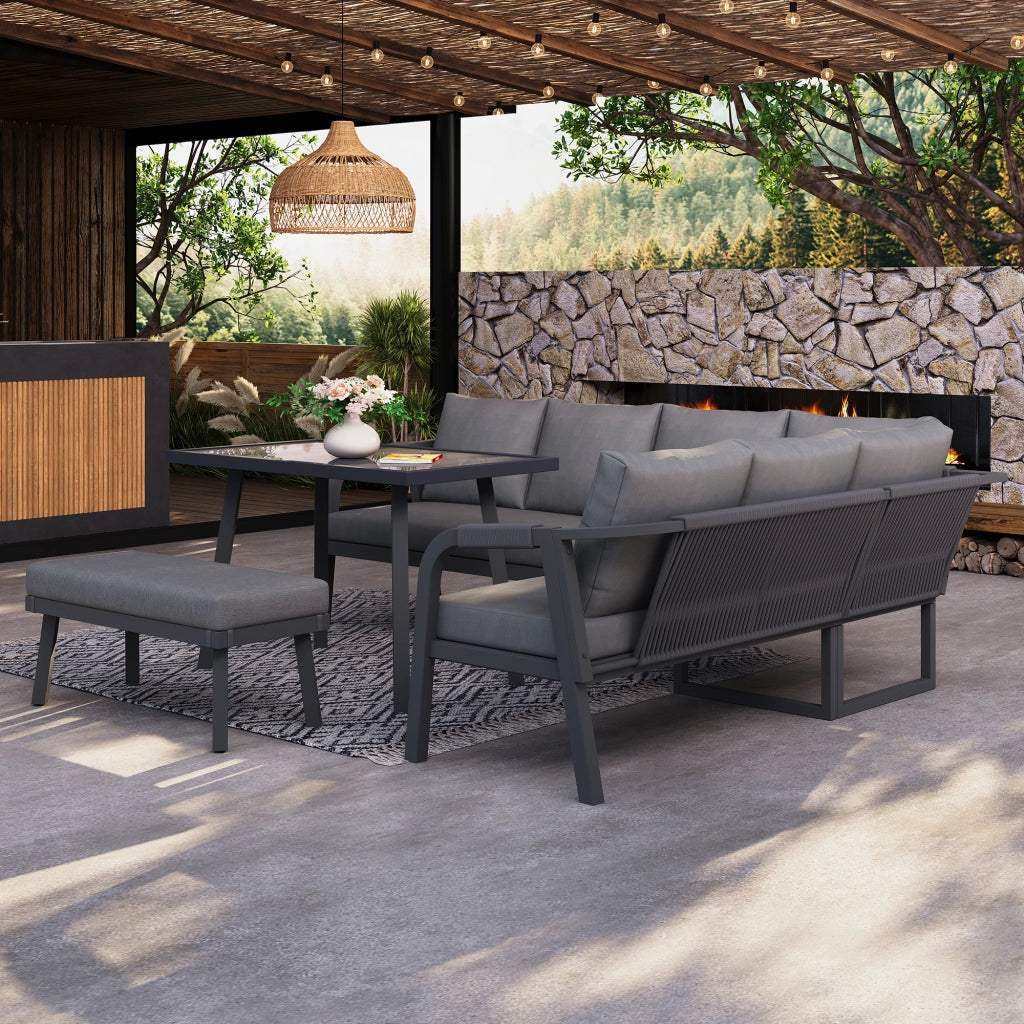 Set da Giardino con Divano Angolare, Tavolo e Panca ¨C MINIMAL ¨C Polyrattan Grigio, 8 Posti