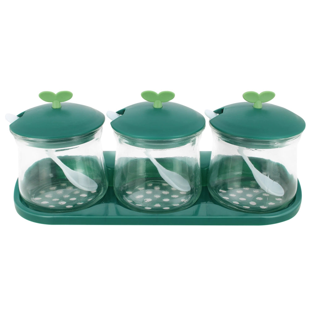 Set 3 barattoli per spezie in vetro con coperchi e base in plastica Verde Cheffinger