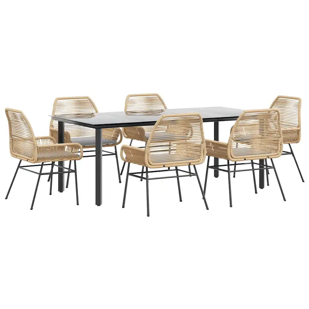 Set Pranzo da Giardino 7pz con Cuscini Marrone Polyrattan Vetro