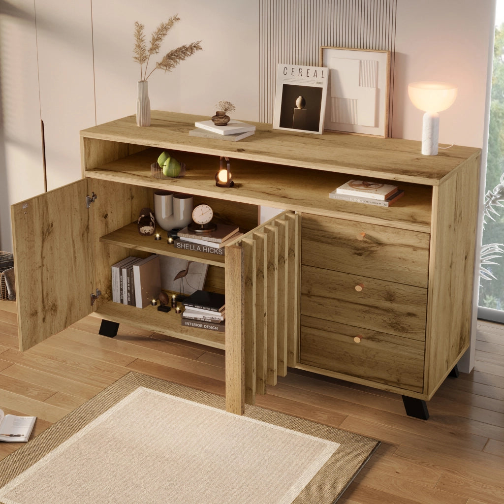 Credenza 120x40x85 cm con 3 cassetti; 2 ante e vano aperto in legno rovere scuro