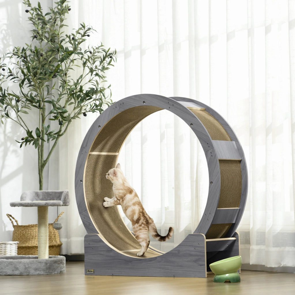 Ruota per gatti in legno con freno e tiragraffi, grigia