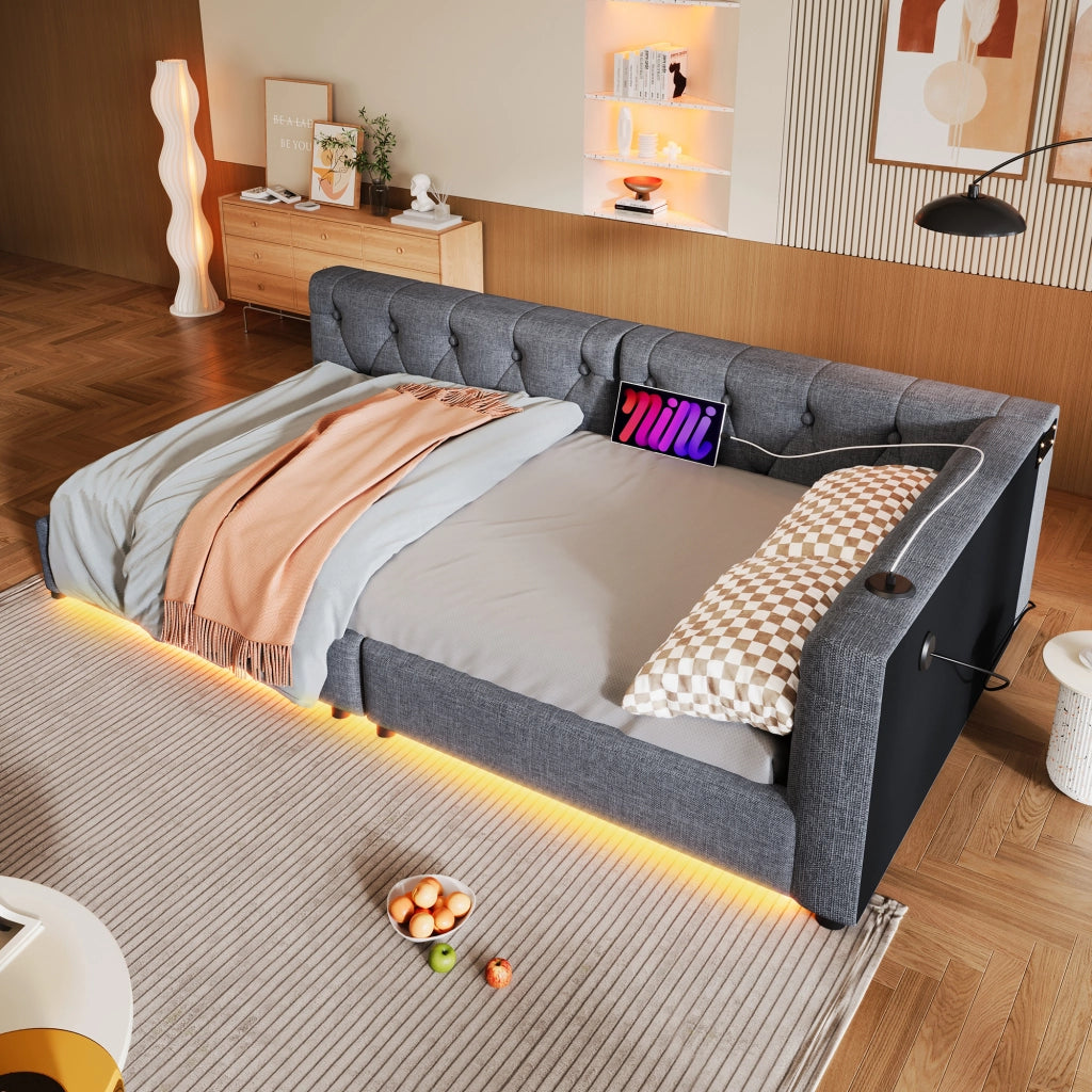 Divano letto 1 posto 90×200 cm con LED; USB e type-C; senza materasso; in lino e MDF; grigio