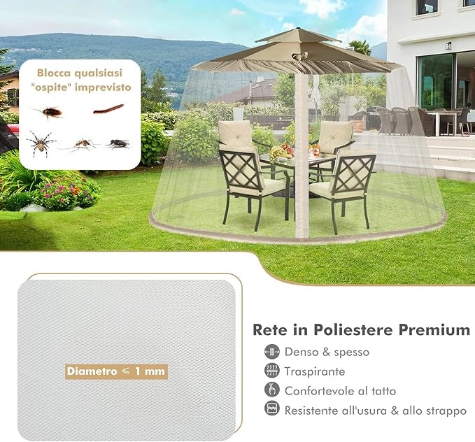 Zanzariera per Ombrellone da Esterno, Zanzariera Regolabile da Patio con 2 Porte a Doppia Cerniera, Rete per Copertura Ombrellone, 12,5 x 2,3 m