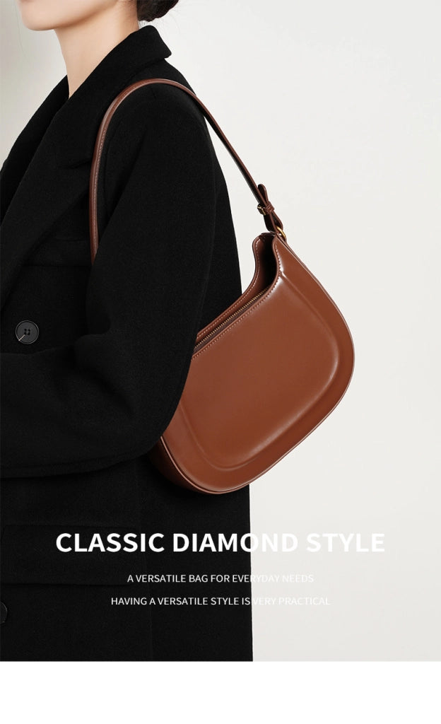 Borsa a tracolla da donna in vera pelle, modello Crescent, alla moda, colore marrone.