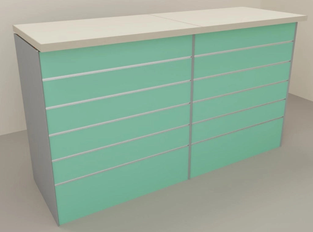 Banco cassa espositivo da negozio con pannello dogato in vari colori cm. 184x64x106h