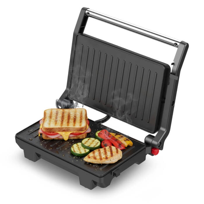Piastra elettrica per toast e grill, 1000W con piastre antiaderenti 23x14,5 cm e apertura 180°, per panini e carne - Sogo