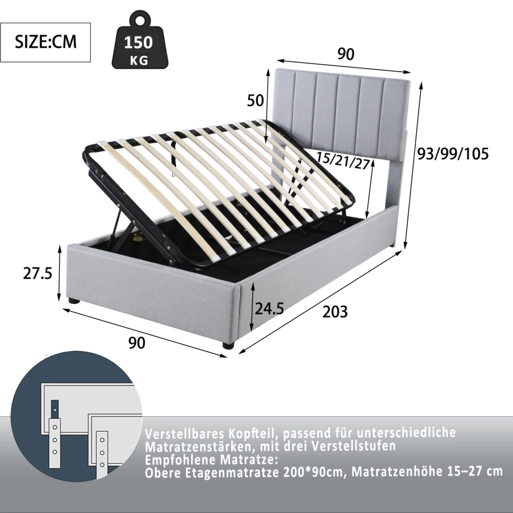 Letto per bambini imbottito 90x200 cm con contenitore idraulico; in tessuto effetto lino grigio