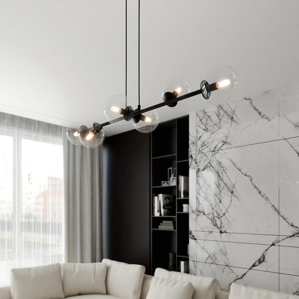 Lampadario Contemporaneo 6 Luci Durga In Acciaio Nero E Sfere Vetro Trasparente