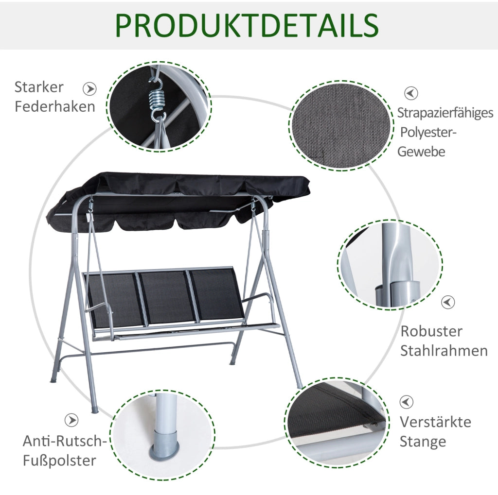 Dondolo da giardino 3 posti con tettuccio grigio 171x108x154 cm