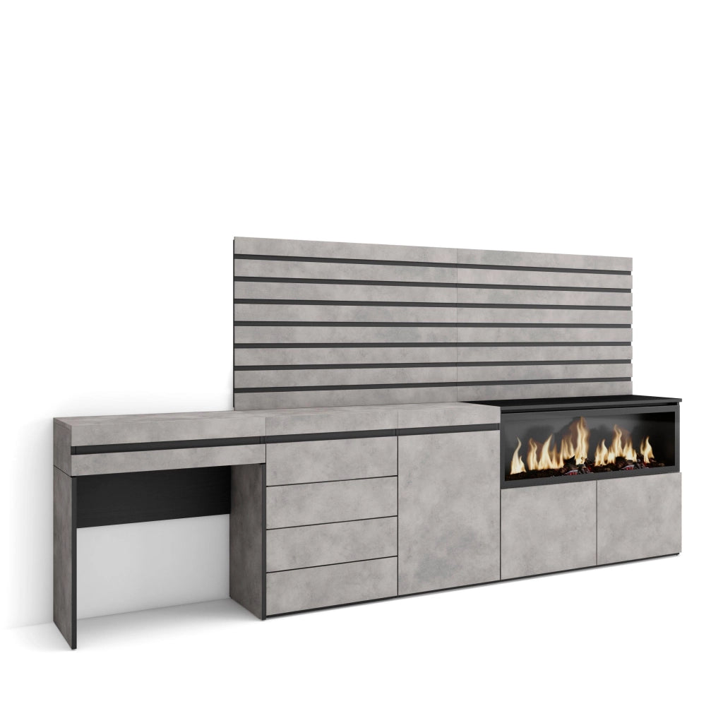 Tavolo da toeletta, 284x35x145cm, Con cassetto, Camino elettrico XXL, Cassettiera, Pannelli Decorativi, grigio cemento RF3469