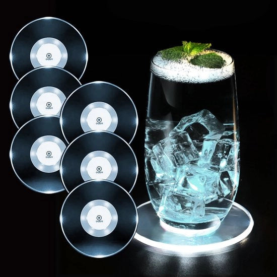 Set di 6 basi di illuminazione LED bianche per bevande, basi di accensione e spegnimento idrorepellenti a forma rotonda in acrilico per bicchieri di vetro, ideali per feste, matrimoni, bar, Natale.