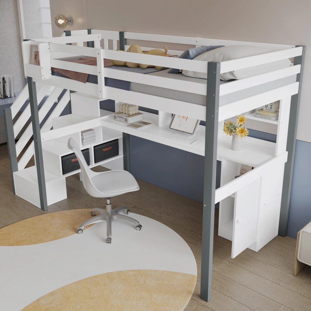 Letto a Soppalco 90x200 cm - Scala Laterale; Scrivania; Libreria e Armadio - Bianco