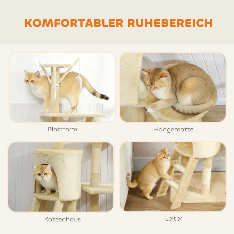 Tiragraffi con cuccia, 4 giochi, pali in sisal, ampia piattaforma, scaletta, per gatti sotto i 5 kg, beige