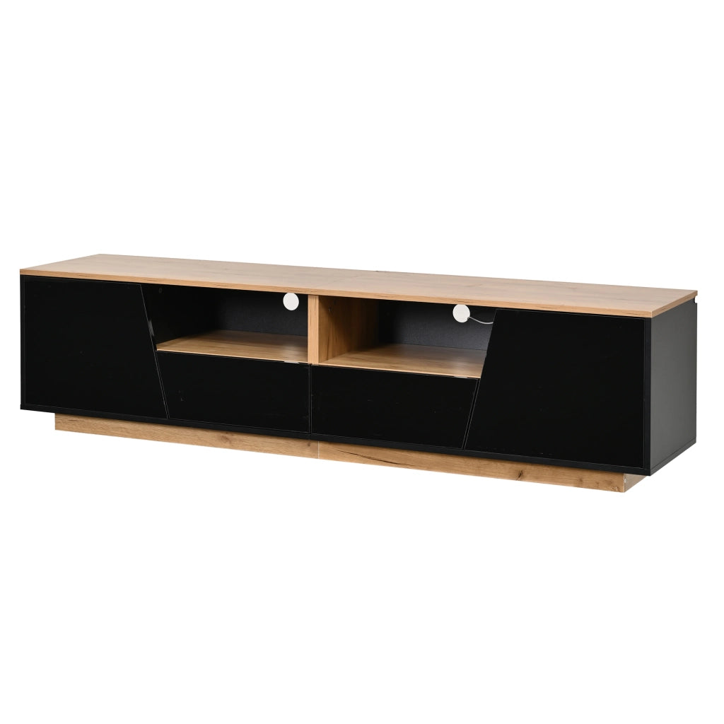Mobile TV 180 x 40 x 46 cm con 2 ante, 2 cassetti, 2 vani aperti, LED e finitura lucida frontale, nero e legno naturale