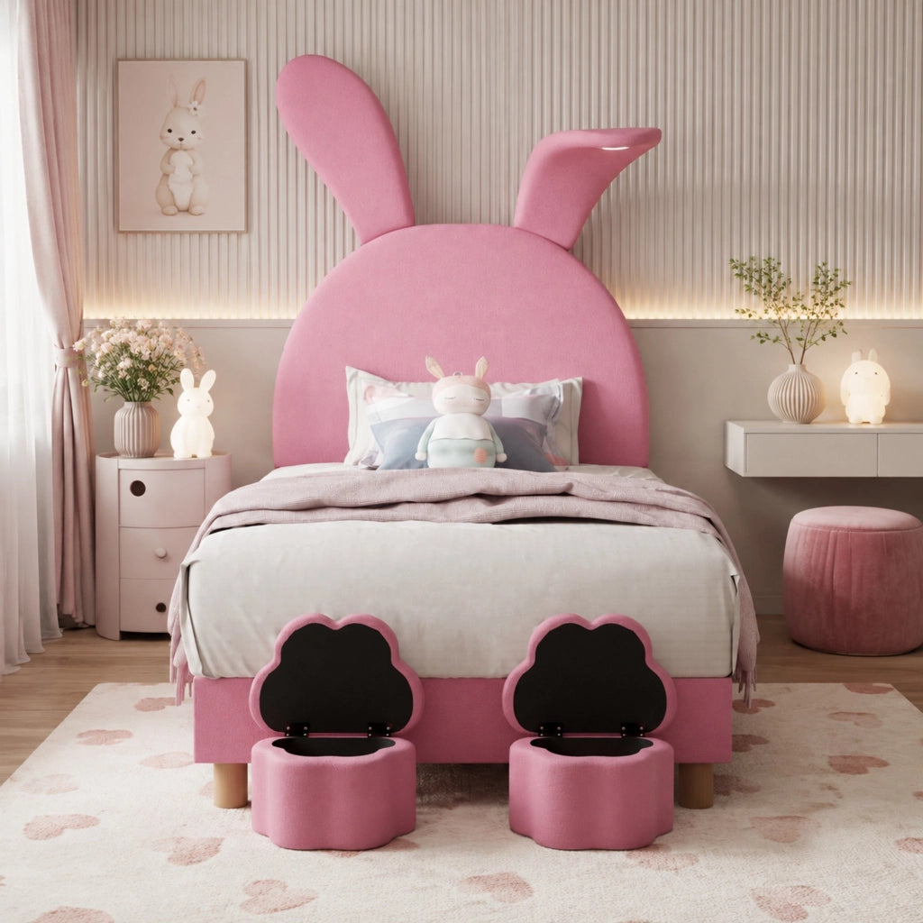Letto imbottito 90x200 cm in velluto francese rosa con LED e contenitori laterali