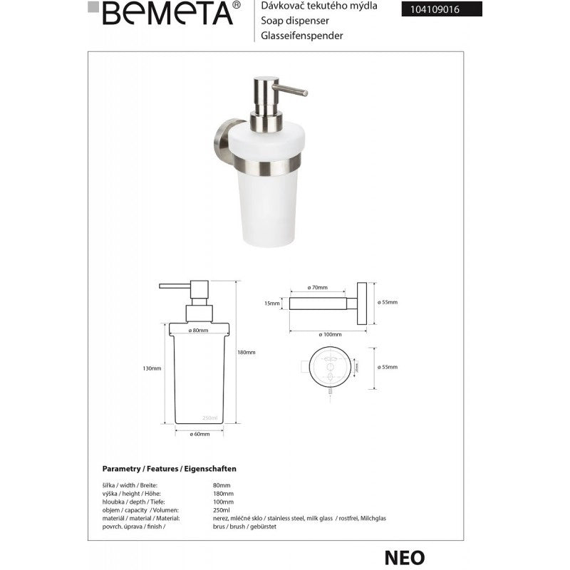 NEO Dispenser di sapone in vetro 250ml / 19x10x7,5cm