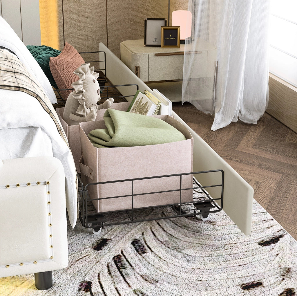 Letto 160x200 cm beige – 4 cassetti, LED 7 colori, senza materasso