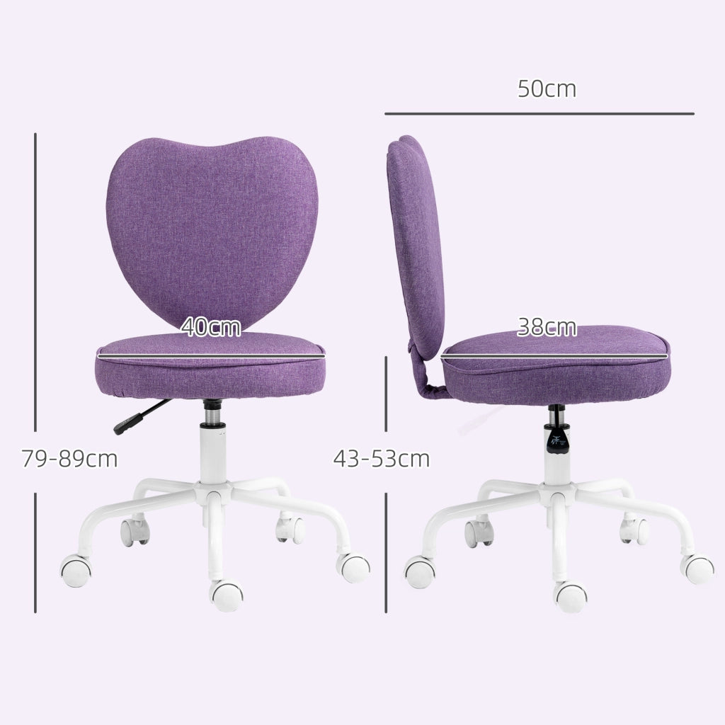 Sedia per Scrivania a Cuore con 5 Rotelle e Altezza Regolabile in Tessuto, 40x50x79-89cm, Viola