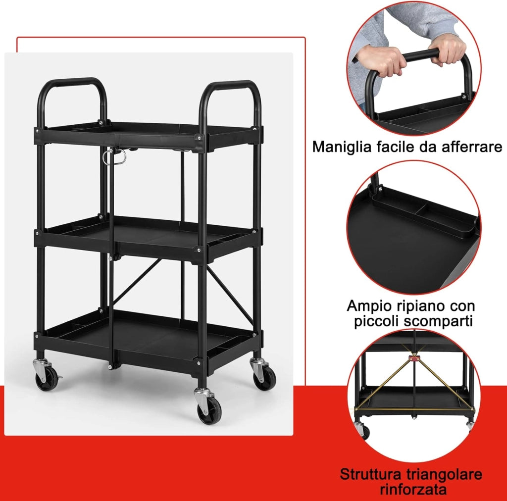 Carrello Pighevole a 3 Livelli, Carrello Multiuso con 4 Ruote, Organizzatore di Stoccaggio per Ufficio Cucina Studio, 61x44x96 cm, Nero