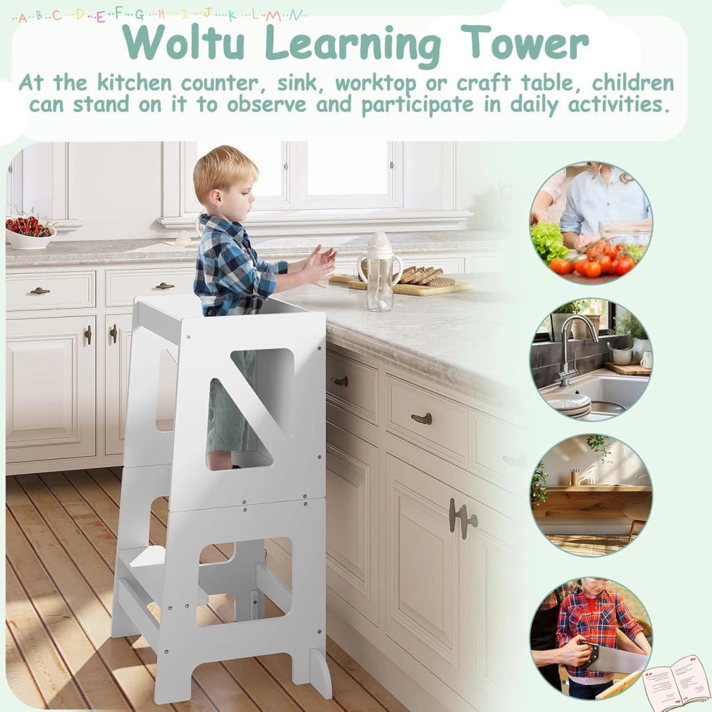 3 in 1 Torre Montessoriana, Scala Montessoriana di Apprendimento, Trasformabile, con Lavagna, Barra Sicurezza, per Bambini di Età Superiore ai 12 Mesi, Bianco