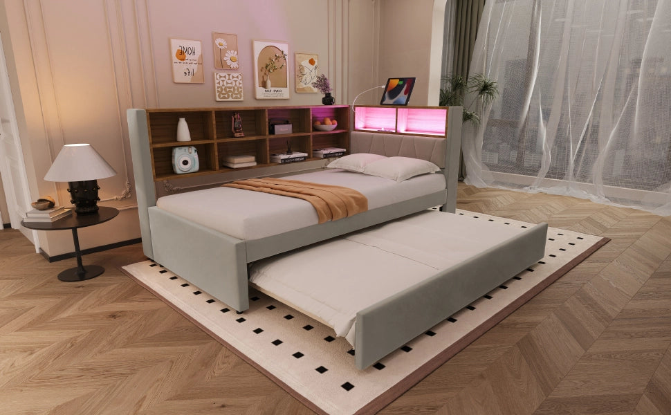 DESMIU Divano letto 90 × 200 cm 2 posti con LED, USB e Type-C, senza materasso, grigio scuro
