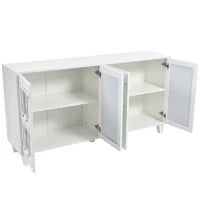 Credenza Bianca con Specchio e Maniglie di Cristallo, 4 Ante, Ripiano Interno Mobile, Design Coordinato, Perfetto per Soggiorno e Sala da Pranzo, Bianco