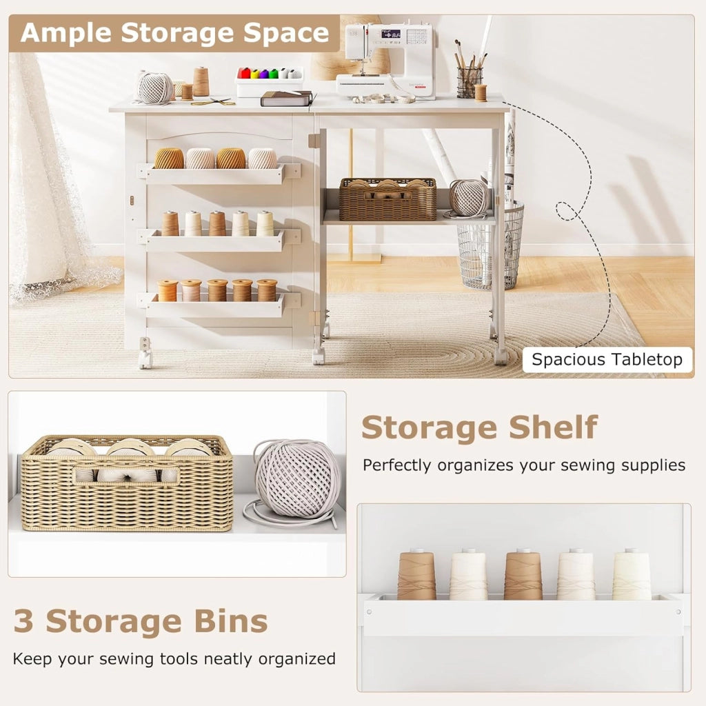 Tavolo da Cucito Pieghevole con Ruote, Mobile per Macchina da Cucire con 4 Ripiani Aperti e Ampio Piano di Lavoro, Ideale per Soggiorno, Camera da Letto e Sala Hobby (Bianco)