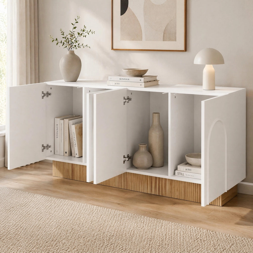 Credenza moderna 160x75x38 cm bianca effetto legno a 4 ante