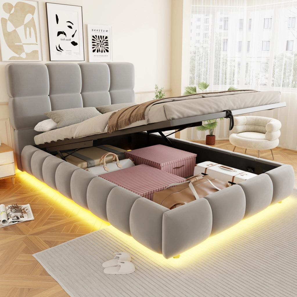 Letto imbottito 90x200 cm in velluto grigio con contenitore; LED e rete a doghe