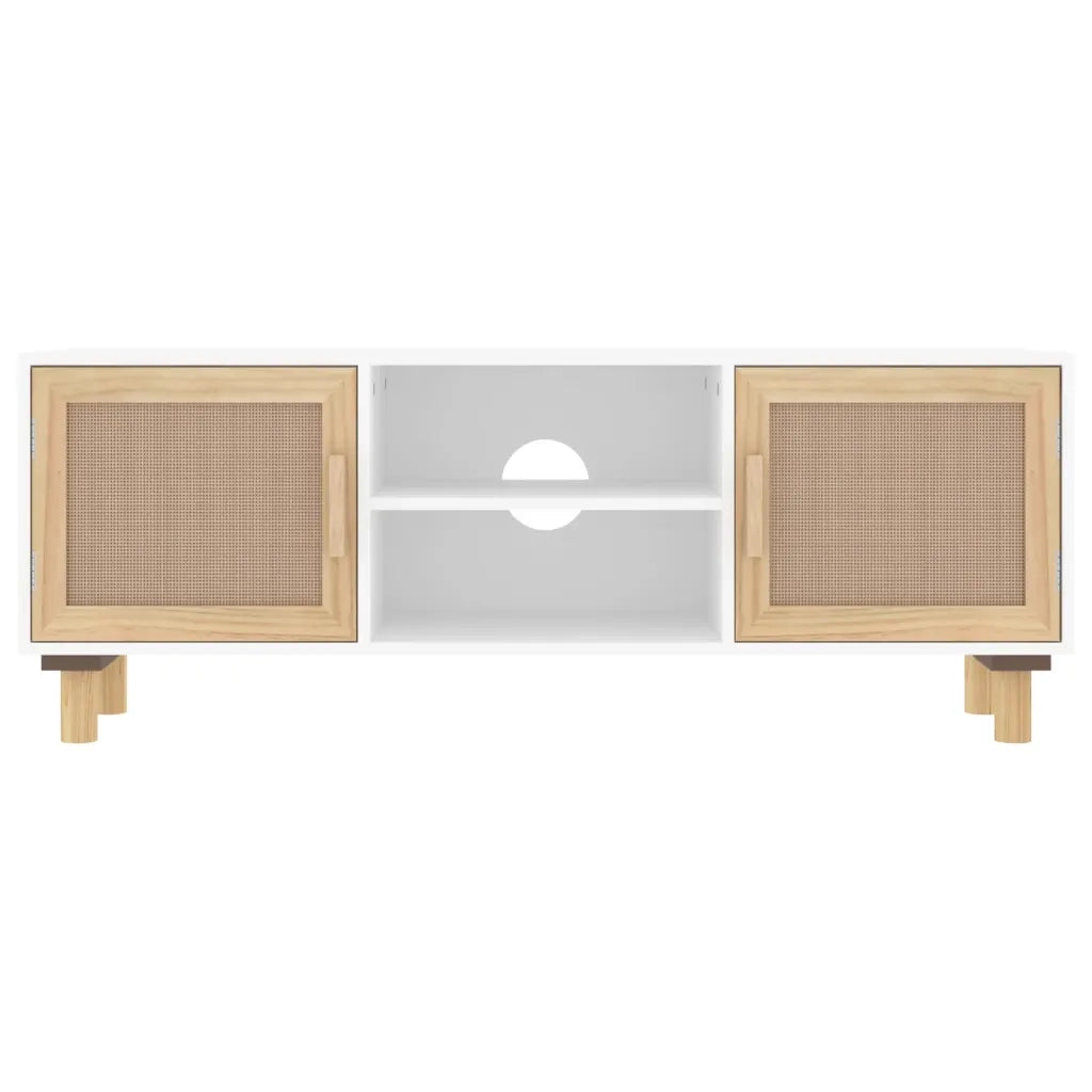 Mobile TV Bianco 105x30x40 cm Massello Pino e Rattan Naturale 345615