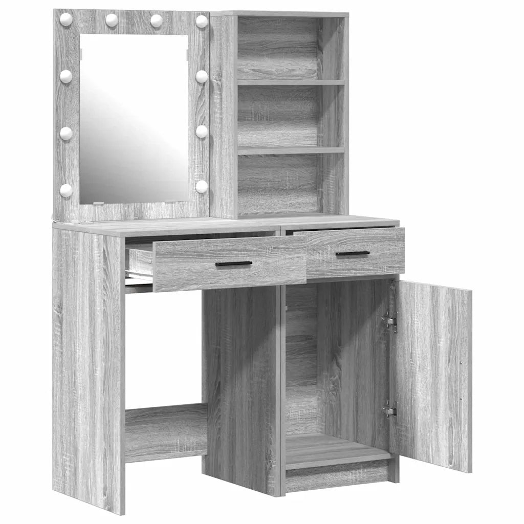 Set da Toeletta | Tavolo da Trucco con LED con porta 2 pz Grigio Sonoma