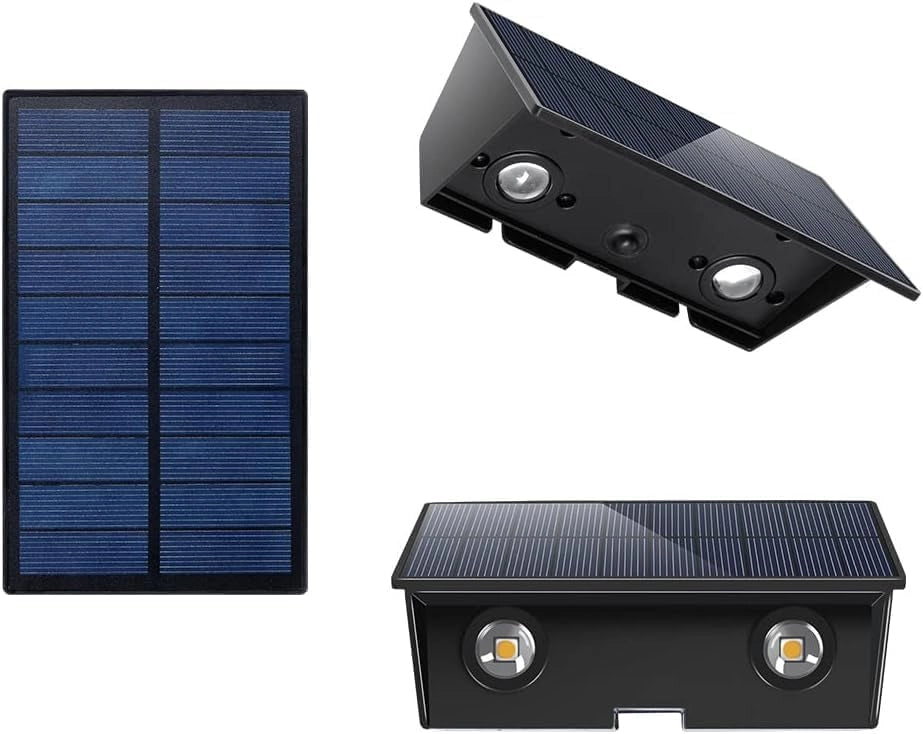 Applique LED Solare da Esterno 4W Biemissione Up&Down IP65 – Lampada da Parete a Luce Fredda 6000K con Pannello Solare Integrato e Sensore Crepuscolare