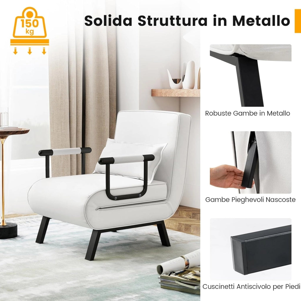 4 in 1 Poltrona Letto Singolo, Poltroncina Pieghevole con Schienale Regolabile in 6 Posizioni, Sedile Imbottito Robusto, Divano Letto per Casa Ufficio, 79x65x79 cm (Bianco)
