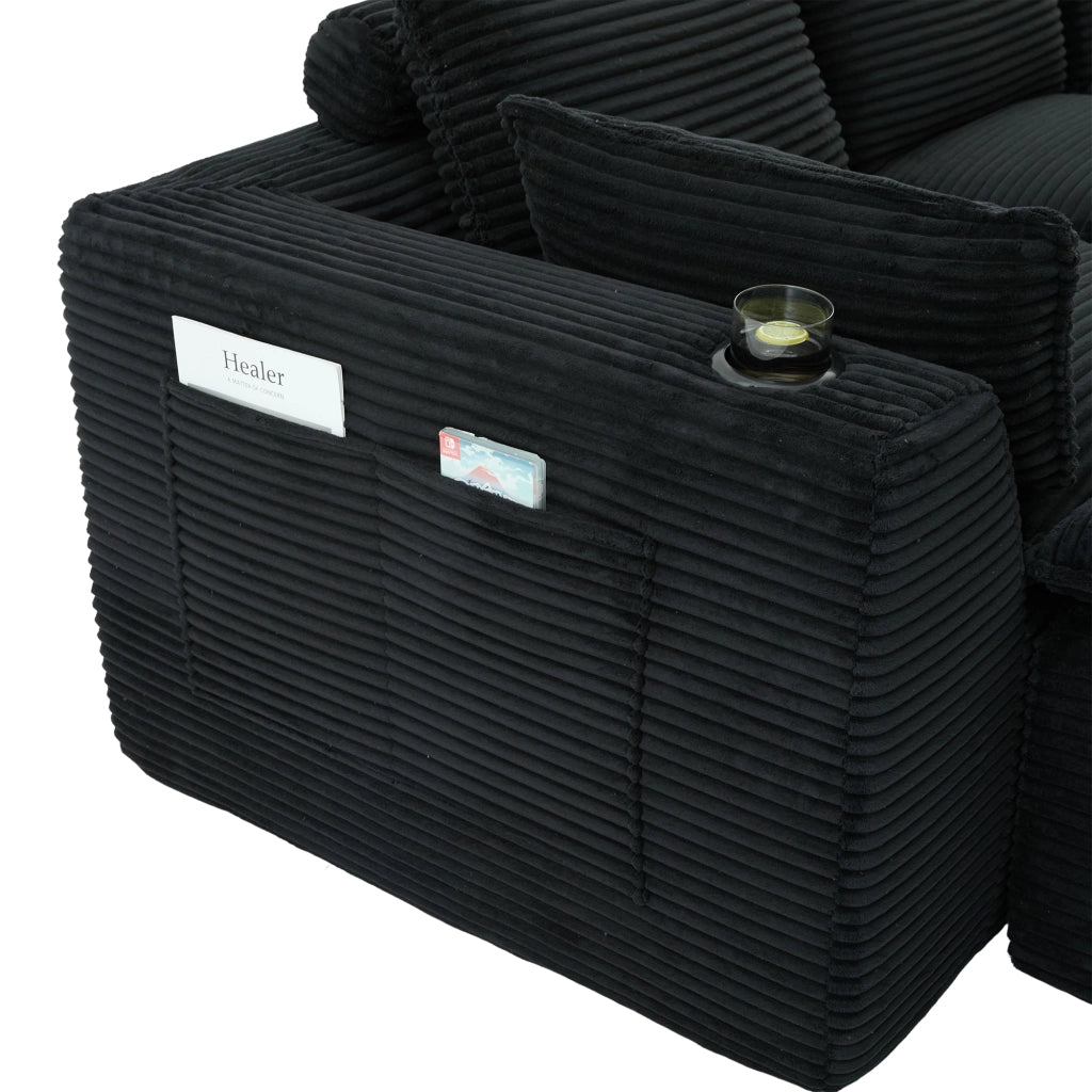 Divano modulare con tasche laterali e cuscini seduta confortevole per soggiorno e ricevimento in velluto a coste nero