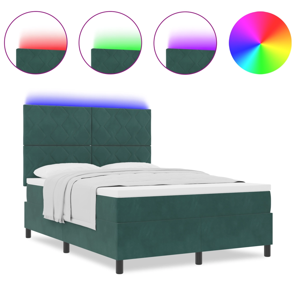 Letto a Molle con Materasso e LED Verde Scuro 140x190 cm Velluto